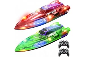 DEERC 2-pack 13 tum RC-båt för barn, 4 batterier, 2,4 GHz fjärrstyrd racerbåt med LED-lampor för pooler och sjöar, sommarvattenleksak, present för pojkar 8–12