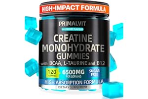 120 Creatine Gummies 6500mg Sugar-Free Complex – 40-Day Supply – Pre-Workout Creatine Monohydrate + BCAA, L-Taurine, B12 – Max Strength Chewable Gym Supplement Vegan Gummy Chews Men & Women Primalvit
