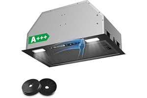 KICHPOWER Hotte Aspirante 52cm Encastrable, 750m³/h, Hotte Encastrée, Commande Gestuelle & Tactile, 3 Vitesses & Fonction Booster, Éclairage LED, Filtre Charbon et Conduit Inclus, Évacuation/Recyclage