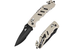 FLISSA Scyzoryk, składany scyzoryk z klipsem kieszonkowym, łamaczem szkła i przecinakiem do pasów, ostry scyzoryk ze stali nierdzewnej, na kemping i wędrówki