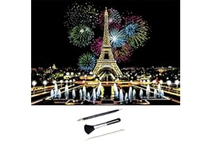 ShipeeKin Images à gratter 405 x 285mm A3 Landmark Mural Scratch Art Papier à gratter coloré pour Enfants avec Ensemble d’Outils (Paris avec Feux d’Artifice)