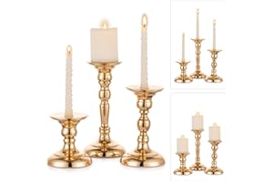 Sziqiqi Portacandele a Colonna Oro Set di 3, Portacandele in Metallo per Candele a Colonna o Coniche, Candelieri Moderni per Centrotavola di Nozze per Tavoli di Natale della Sala da Pranzo