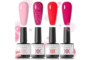 RSTYLE Smalto Semipermanente, 4PCS Smalti Semipermanenti per Unghie Glitter Rosso Rosa Fluo Shellac Gel Unghie UV/LED Kit Nail Polish Manicure 6ML Regalo di San Valentino