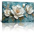 FajerminArt Framed Large White Peony Flowers Canvas Wall Art Vintage Blue White Floral Canvas Prints Painting Wall Artwork Picture for Living Room Bedroom Home Decorations Ready To Hang 24"x36"