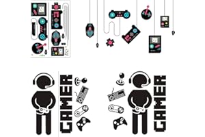 WATAWATA 4 Sheets Boys Gamer Wall Stickers Gaming Rug, Vinyl Removable Gaming Joystick Cartoon Party Wallpaper with Colorful Controller Wall Decals Video Game Wall Mural Playroom Bedroom Home Decor or Display