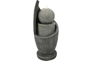 MONSTER SHOP Fuente de Agua eléctrica Zen Cascade | Diseño c/orbe y Pedestal Acanalado | Poliresina Duradera | 74,5x32x32cm | LED Blanco cálido | Bomba silenciosa | Cable 7m | Cepillo Incluido | Deco Exterior