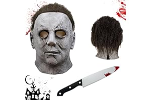 Funnity Halloween Michael Myers Maske Head Cover, Michael Myers Maske + Fake Messer, Ruselige Horror Vollkopfmaske aus Latex, Ideal für Halloween, Detailgetreu und Hochwertig