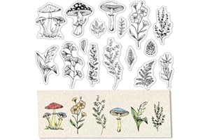 craspire Tampons Transparents en Forme de Champignon pour la Fabrication de Cartes Fournitures de Scrapbooking, Pommes de Pin Tampons Clairs Fleur Lis Ginkgo Feuilles Tampons Transparents