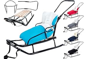 GagaDumi Oslo Schlitten aus Metall mit Rücklehne mit Sicherheitsgurte Schubbügel und Fußsack Babyschlitten Rodel Ideal für Kinder und Erwachsene Belastung bis 120 kg