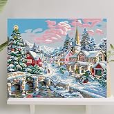 Palmiye Hobi Sanat Sayılarla Boyama Tuval Seti Fır&ccedil;a Boya Dahil (&Ccedil;ıtalı) 40x50 CM - Kar Manzarası