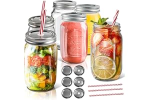 HEVOL Set di 6 Barattoli, Tarros de Cristal 500ML con Tapa Hermética y Pajita Reutilizable, Tarros para Conservas, Cócteles, Smoothies, Mermeladas - Transparente