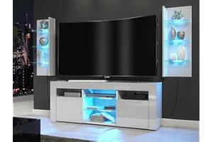 Furneo ClifPuz09 – High Gloss & Matt White Living Room Set, TV Stand & Display Cabinets, Blue LED Lights