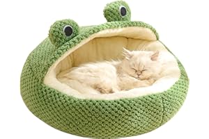 SMELEYOU Katzenbett Mit Kapuze Frosch KäTzchenbett Lang PlüSch Winter Herbst Thermisch Niedlich Cartoon rutschfest Haustierbett Abnehmbarer Einsatz Weiches Katzenbett Rund Mit Halbem Dach