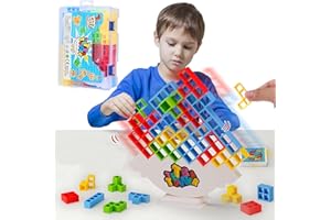 Dimoxii 64 Pcs Tower Balance Game with Plastic Box, Stacking Blocks Board for Kids, Dual Bases Team Building Game for Party, Funny Family Games