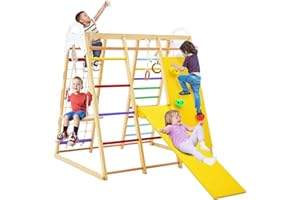COSTWAY Kids Climbing Frame, Wooden Playground Jungle Gym with Slide, Climbing Rock/Net, Monkey Bars, Rope Ladder and Swing, Indoor Climber Playset for Toddlers (Colorful)