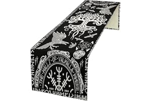 kikomia Baumwolle Leinen Tischläufer Rechteckige Wikinger Rabe Baum des Lebens Tischdecke für Hochzeit Urlaub Heimdekoration Wikinger Dekorativ Abdeckung Tischplatte (33×91cm, Black)