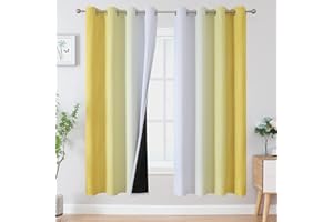 VEHEDE Ombre Blackout Bedroom Curtains 72 Long Drop Pair, Stripe Wave Gradient Thermal Insulated Window Drapes for Living Room, W52 x L72 Inch, Yellow and Greyish White, 2 Pieces