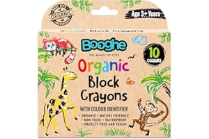 Booghe Kids Crayons Block Shape - Organic Crayons - Made With Organic Ingredients and Food Grade Colors - Nature Friendly, Non Toxic, Waterproof, Pack of 10, Age 3 + Years