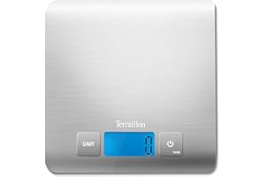 Terraillon Balance de Cuisine, Tare, Conversions Liquides, Ultra-Fine, Portée 5 kg, Carré Inox, Argent