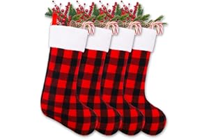 XIMISHOP 4 Stück Weihnachtsstrumpf,Nikolausstiefel Stoff Rot-Schwarzes Karomuster Weihnachtssocken Zum Befüllen Aufhängen Für Weihnachts Innen Haus Kamin Weihnachtsbaum DIY Basteln
