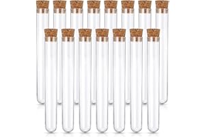 Quelcc 15 Pièces Tube a Essai Plastique, Tube Plastique Transparent vec Bouchon Liège, Eprouvette Plastique pour Bonbons Epice Plante Echantillon, Fiole Dragees Mariage(16 * 150mm)