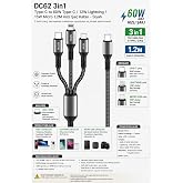 DC62 3'&uuml; 1 Arada Hızlı Şarj Kablosu, Type-C ile Uyumlu, Lightning ile Uyumlu, Micro USB ile Uyumlu, 1.2 Metre