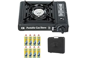 Top Home Solutions® Camping Stove - Portable Gas Stove Black With Carry Case & 8 Butane Gas Canisters, Heat Control, EN417 Compliant, Auto Ignition, Camping Cooker for Picnic, Garden & Outdoor