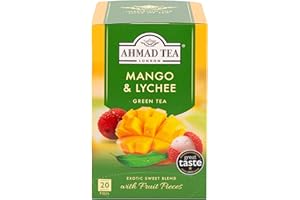 Ahmad Tea - Mango & Lychee – zielona herbata z mango i liczi – z kawałkami owoców – pojedynczo zapakowane, zapieczętowane torebki herbaty z 2 g herbaty na porcję – 20 torebek herbaty z tasiemką