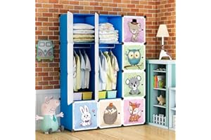 ‎BRIAN & DANY BRIAN & DANY Erweiterbares Kinderregal Kinder Kleiderschrank Bücherregal mit Türen & 2 Aufhängern, Tiefere Fächer als Normal (45 cm vs. 35 cm), 110 x 47 x 147 cm, Blau