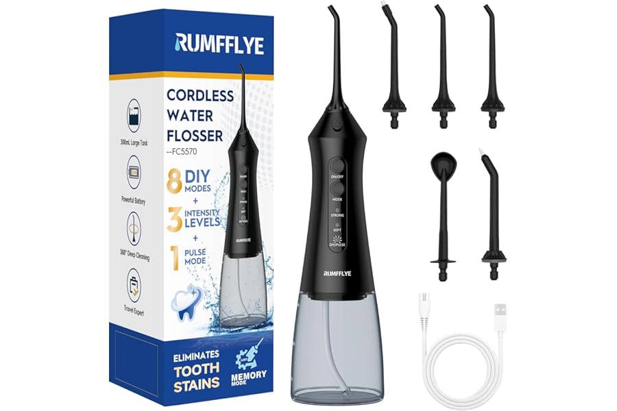 RUMFFLYE Idropulsore Dentale 300 ml per Pulizia Interdentale, 8 DIY + 3 Intensità + 1 Pulse, Modalità Memoria, 5 Ugelli, Batteria Ricaricabile per Igiene Orale