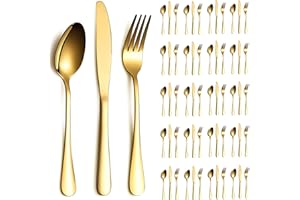 ReaNea Juego de cubiertos de oro 60 piezas Servicio para 20, cuchillos de acero inoxidable juego de tenedores de cuchara para boda, fiestas, vísperas, hogar, regalo para Acción de Gracias