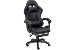 Baroni Home Chaise Gaming avec Dossier Ergonomique Inclinable et Hauteur Réglable, Chaise de Bureau avec Support Lombaire, Dossier Rembourré et Repose-Pieds Extensible, Noir, 58x66x114-124 cm