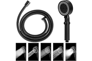 LoQuick Soffione doccia a risparmio idrico con tubo (2 m), 5 tipi di getto, soffione doccia a risparmio energetico, doccetta coccolata con un flusso d'acqua uniforme e lussureggiante