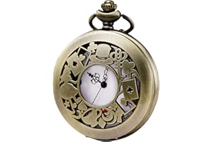 MORFONG - Montre de poche à quartz pour homme et femme avec couvercle creux vintage décoré du motif Alice au pays des merveilles