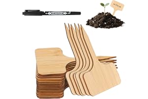 CAKKVDE 50 Bamboo Plant Labels with Marker Pen | 10x6cm T-Type Wooden Plant Tags for Outdoor Potted Plants, Seeds, Herbs & Flowers | Natural Garden Markers (50 Labels + 1 Black Oil-Based Pen)