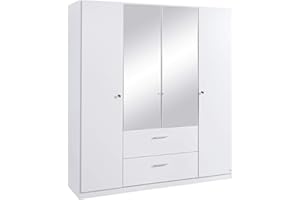 ‎RAUCH MÖBEL Rauch Möbel Buchholz Schrank abschließbar, Abschließbarer Kleiderschrank in Weiß 4-türig mit Spiegel und 2 Schubladen inkl. Zubehörpaket Basic 2 Kleiderstangen, 5 Einlegeböden BxHxT 181x197x54 cm