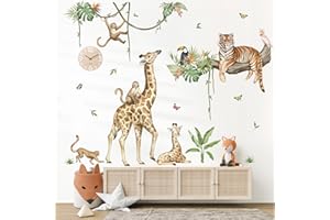 wondever Stickers Muraux Animaux de la Jungle Autocollants Muraux Mural Stickers Safari Girafe Singe Tiger pour Chambre Enfants Bébé Pépinière Salon