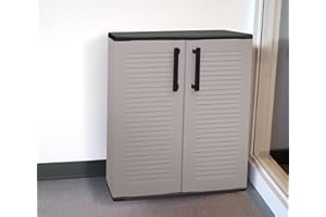 Dmora Mobiletto multiuso da esterno o interno, Armadio basso a 2 ante e 3 ripiani in polipropilene, 100% Made in Italy, cm 68x37h84, colore Grigio