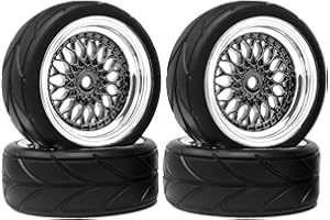 KINGCOO - Juego de neumáticos y ruedas para coche teledirigido, 4 unidades, 64 mm, revestimiento de plástico, 12 mm hexagonal, para 1/10 RC On-Road Run-Flating Touring Racing Auto (negro y plateado)