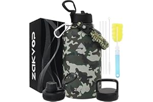 ZAKVOP Borraccia Termica 2 Litri con Cannucce e 3 Coperchi, Borraccia Acciaio Inox con Manico in Paracord, BPA Free Bottiglia Termica con Spazzole per Palestra, Escursionismo, Campeggio