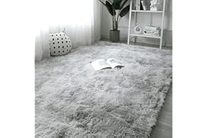 OYIMUA Super Soft Fluffy Shaggy Rugs Grey and White 160 x 230 cm Anti-Slip Carpet Kids Mat Living Room Extra Large Size Area Rug Modern Bedroom Nursery Rugs Non Shedding