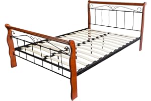 Homestyle4u 550, metalowe łóżko 140 x 200 cm, ze stelażem listewkowym, rama łóżka, metalowa, słupki drewniane, brązowe