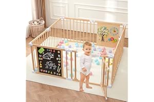 OMYBABY All-in-One Baby Laufgitter aus Holz mit Tür, verstellbarer Spielzaun aus Holz mit magnetischer doppelseitiger Kreidetafel, Whiteboard & Montessori-Aktivitätsspielzeug, erweiterbares Aktivitätszentrum,