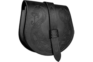HiiFeuer Pochette de Ceinture Langskip embossée Viking, Medieval Faux Leather Flap Saddle Side Bag Sacs à Main, Sac à Ceinture Portable rétro (Noir A)