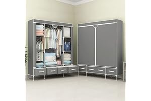 Anmas Power [Upgrade Version Three Canvas wardrobe Cupboard Clothes Storage Solution with Hanging Rail + Storage Shelves 150X45X170CM (Grey)