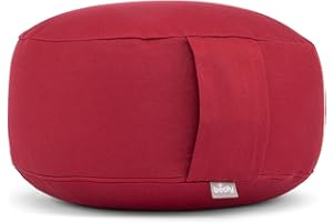 ‎BODHI Bodhi Meditationskissen Rondo ECO | Yogakissen mit Bio Dinkelfüllung | Bezug aus 100% Baumwolle | Waschbarer Bezug mit praktischer Trageschlaufe | Höhe 20 cm (Bordeaux)