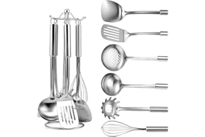 Gymdin Set di 7 utensili cucina acciaio inox - con manico appendibile, utensili da cucina con spatola, paletta, mestolo, schiumarola, frusta, servipasta, portautensili, lavabile in lavastoviglie