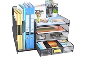 HMXLJJY Desk Organizer with Mesh File Holder, 4-Tier Office Supplies Desk Organizers and Accessories with Sliding Drawers & Pen Holder, Desk File Organizer and Storage for Office, School, Home, Black