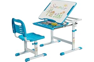 Costway Biurko dziecięce z regulacją wysokości, stół dziecięcy i krzesło z uchylnym blatem i szufladą, wielofunkcyjne biurko dla chłopców i dziewcząt (niebieski)