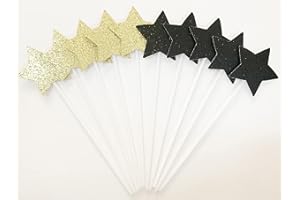 AILEXI Toppers torta fatta a mano con 10 glitter per decorare stuzzicadenti per bigné congelati - 5 stelle d'oro e 5 stelle nere
